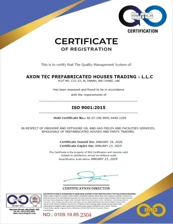 ISO 9001:2015 certificate — Quality Management System held by AXON Tec Prefab Solutions