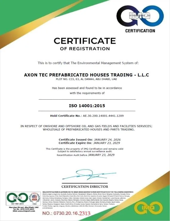 ISO 14001:2015 certificate — Environmental Management System held by AXON Tec Prefab Solutions