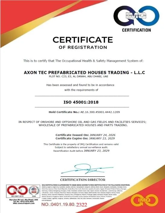 ISO 45001:2018 certificate — Occupational Health & Safety held by AXON Tec Prefab Solutions